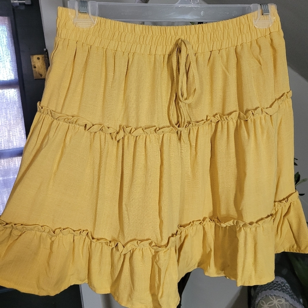 MITTOSHOP New Mustard Ruffled Tired Lined Mini Skirt Small Boho